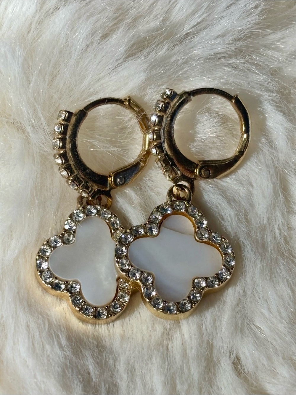 14K Gold Plated White Clover Crystal Drop Earrings - Picture 8 of 8